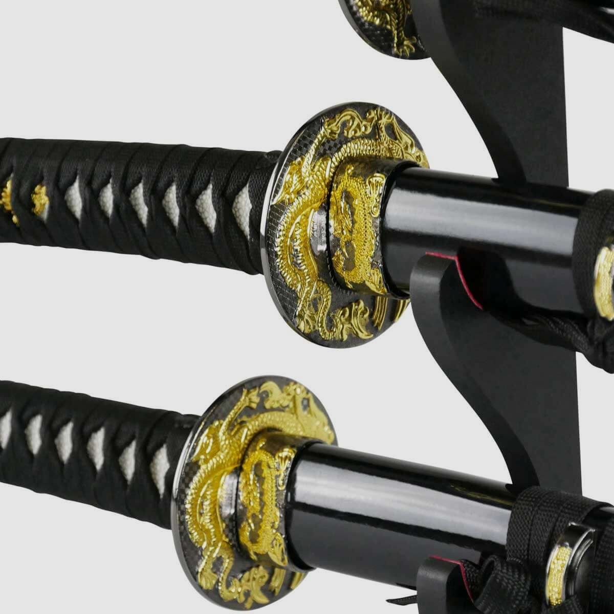 Epic Swords Katana Wakizashi Tanto Black Dragon Sword Set with Blunt Blades including Sword Stand and Accessories