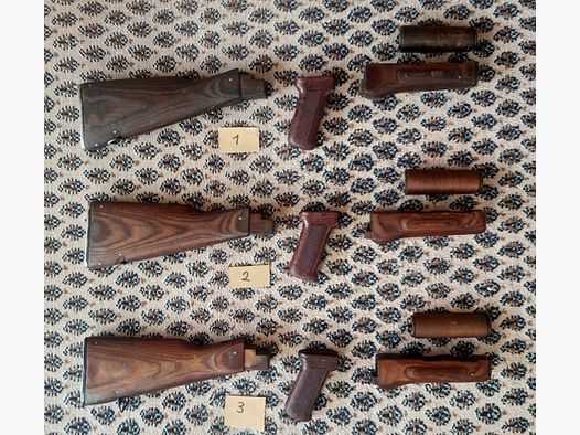 3 Komplette Holz Laminat Festschaft Sets inkl. Bakelit Griff, Schaft und Handschutz /  AKM und AK74 / mittelbar auch  NEDI SDM Type 56 möglich