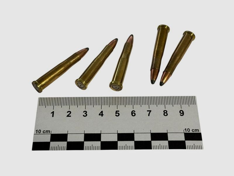 5 pieces of decommissioned ammunition caliber .22 Hornet – brass case with partial jacket bullet