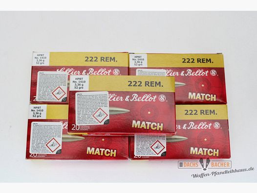 S&B Sellier & Bellot .222Rem Match HPBT 3,36g/52grs 100 (5x20) disparos
