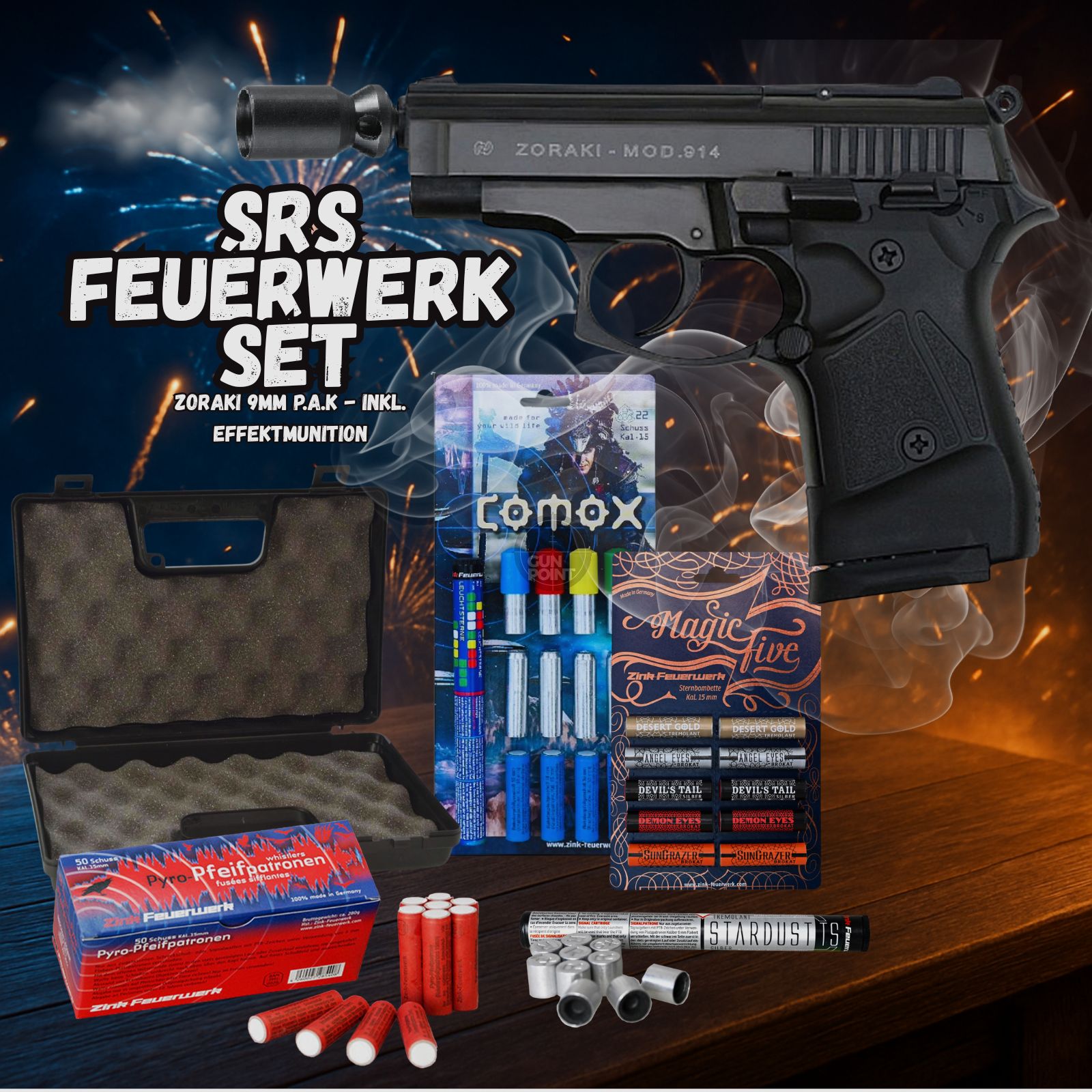 SET !!! Pistola a salve - Zoraki 914 - 9 mm P.A.K. inclusa custodia e 92 colpi di munizioni effetto/fuochi d'artificio