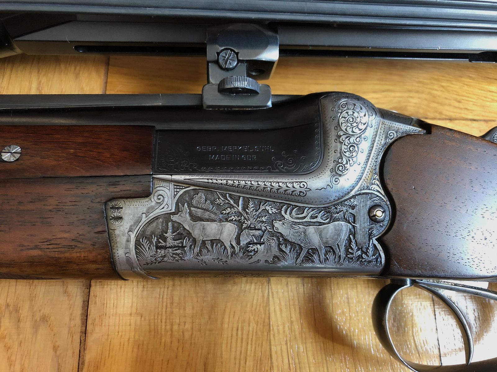 Bockdoppelbüchse Merkel BDB 221E 8x57JRS / Zeiss Diavari 3-12x56 (inkl. Wechselläufe: BBF 7x57 IRS & 12/70 und BF 12/70 ) Bj. 1988