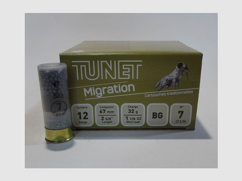 Box mit 25 Patronen Kaliber 12/67 Tunet Mignation Bleischrot 7