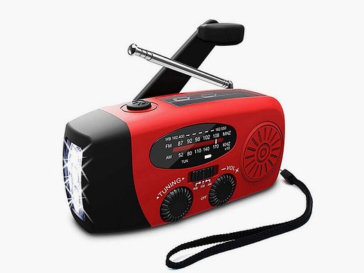 Kurbelradio FM/AM mit Powerbank und Solaraufladung - Notfallradio + Lampe + USB-Kabel