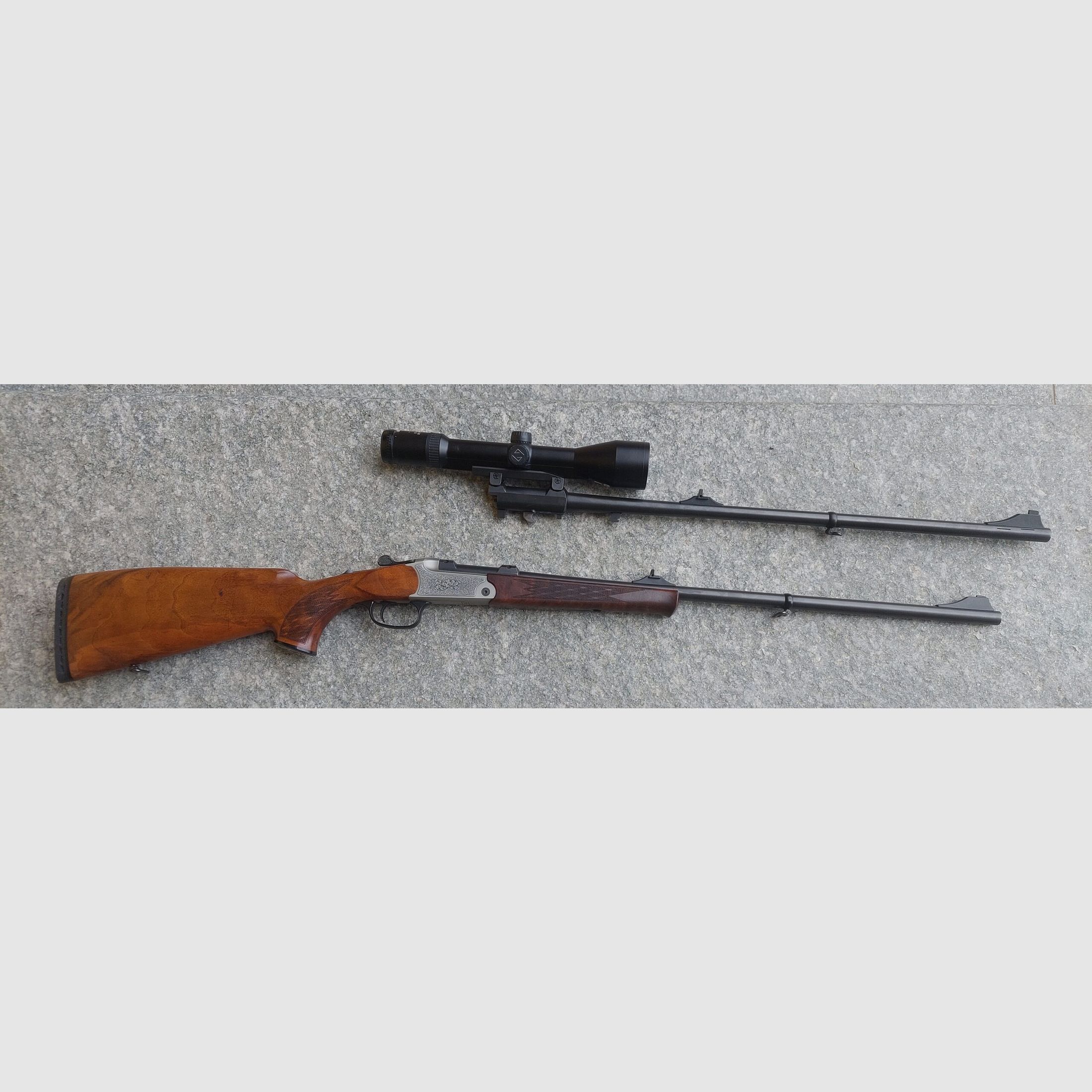 (B.N.) Over-and-under shotgun BLASER K95 cal. 8X68 luxury Yawag with deer antlers and Magna Port 2nd barrel K95 cal. 257 WBY riflescope Zeiss Diavary 2.5-10X50, image 1 of 6