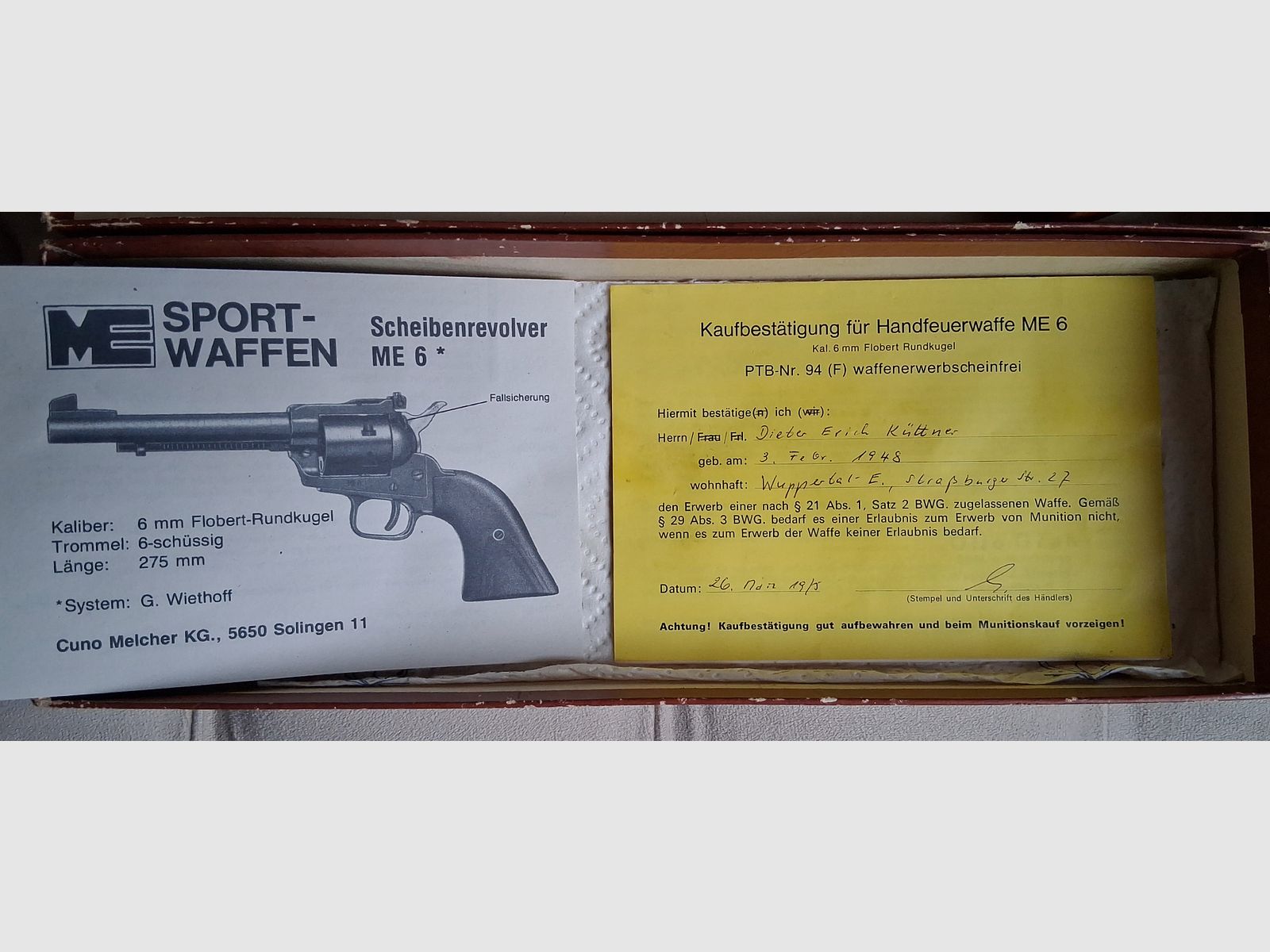 Revolver ME 6 by Cuno Melcher in 6mm Flobert round. No license required, does not count towards the quota