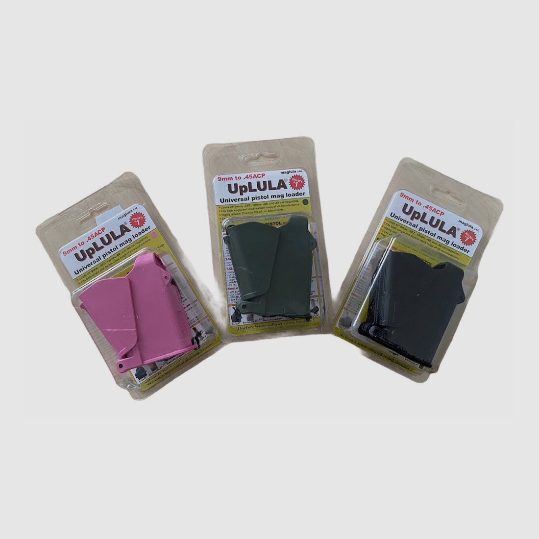 maglula UpLULA 9mm to 45ACP magazine loader black, green, pink