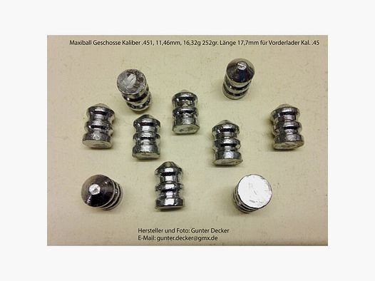 Maxiball Geschosse Kaliber .451 11,46mm 252gr Vorderlader Gewehre .45