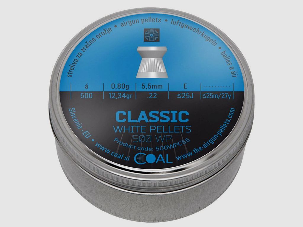 Coal White Pellets Classic Diabolos, Flachkopf, geriffelt, 0,80 g, Kaliber 5,5 mm, 500 StĂĽck