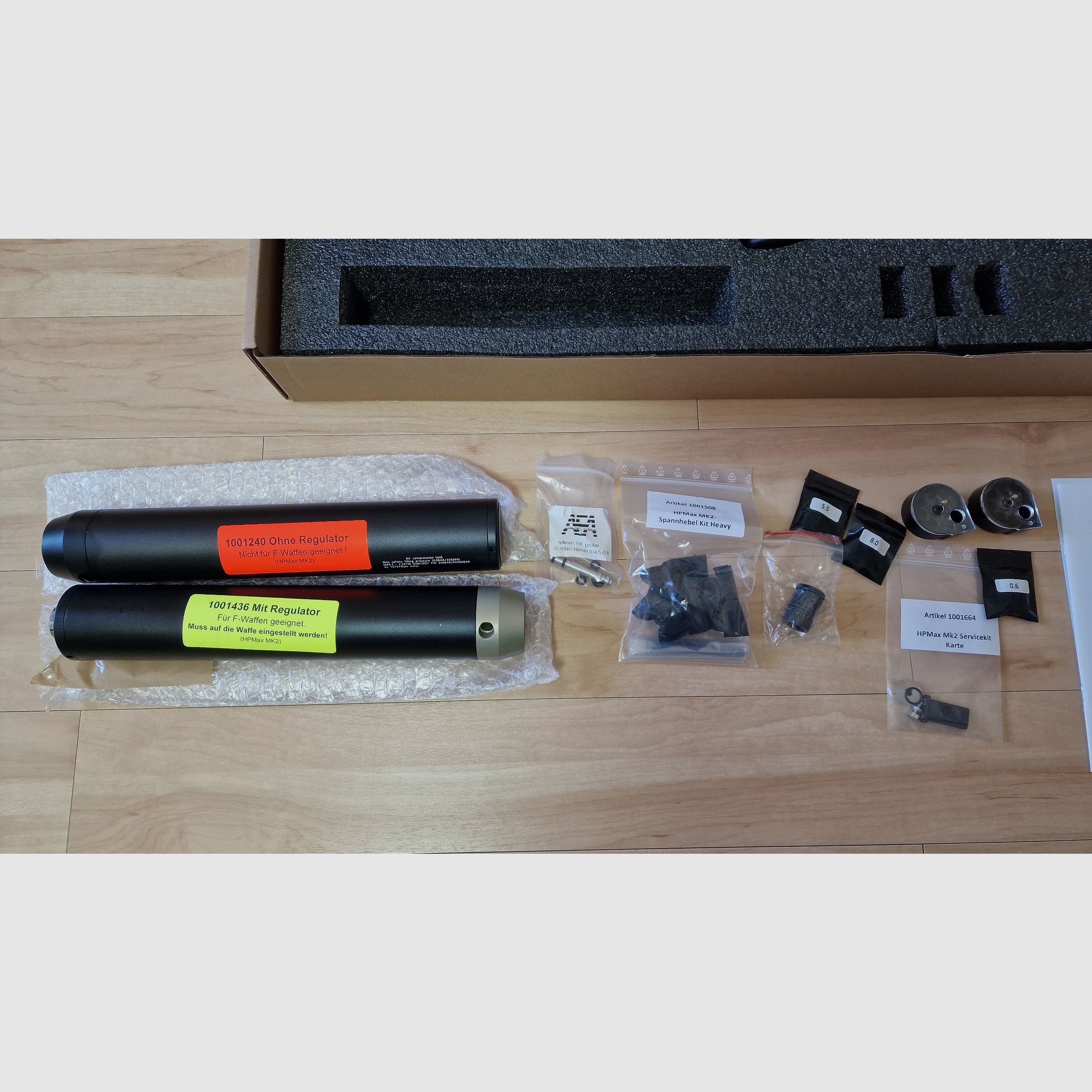 AEA HP Max MK2 con accesorios, silenciador HPMAX, tanques de aire comprimido, cargadores, silenciador
