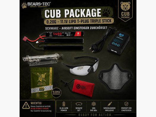 Cub Package 0.20g – 11.1v LiPo T-Plug Triple Stick Schwarz – Anfänger Zubehörset für Airsoft