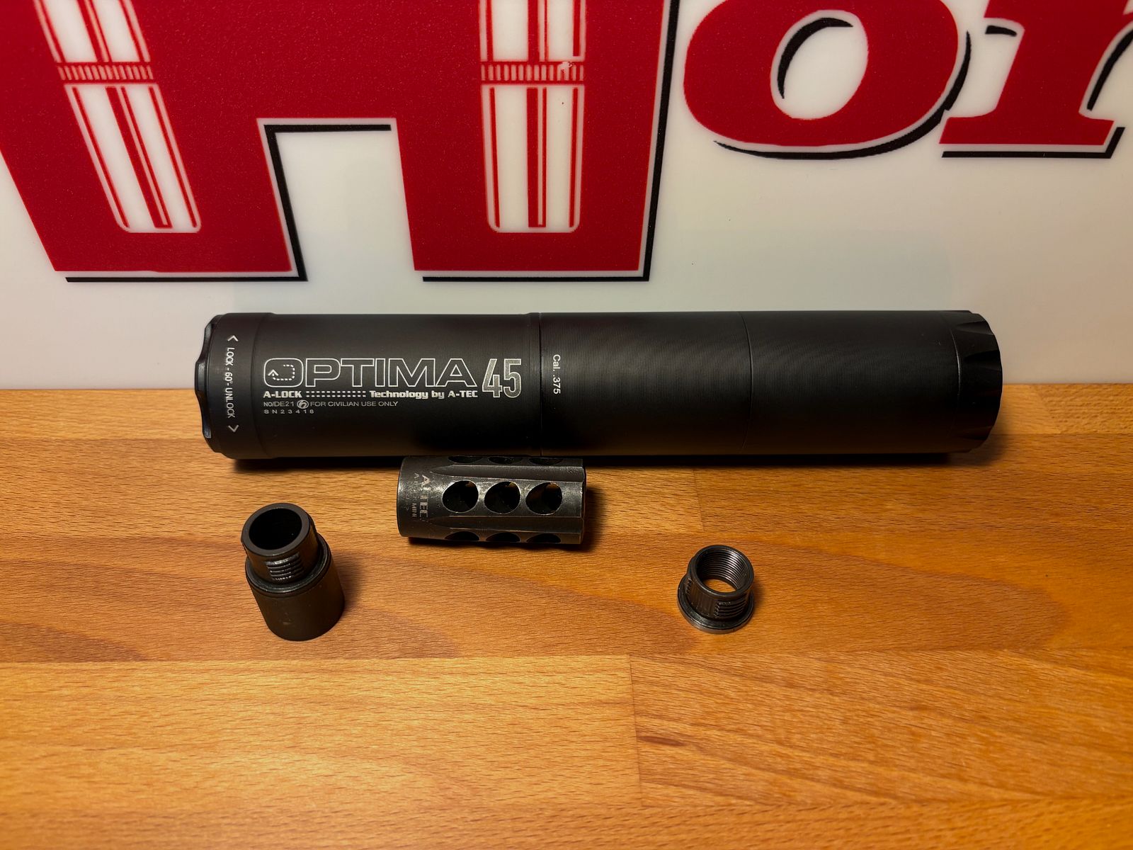 Silenciador A-Tec Optima 45 OB .375 cal. con A-lock Set freno de boca y 2 adaptadores!