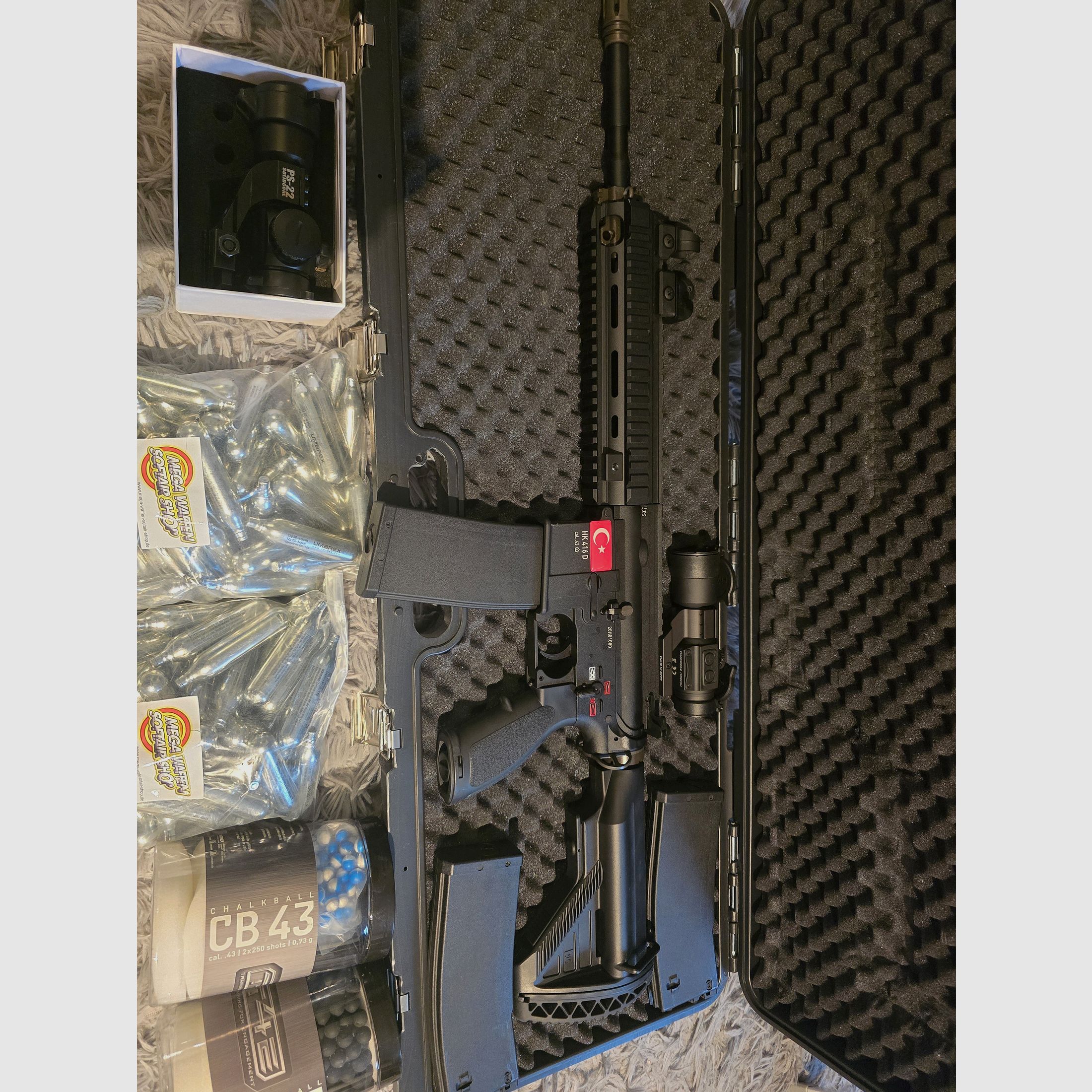 Conjunto completo: Umarex T4E HK416 D / RAM fusil de asalto (cal. .43) incluye 2 cargadores, Red Dot, CO2 y mucha munición