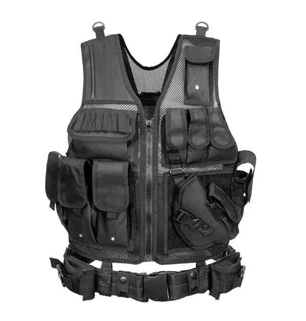 Foxter black military tactical vest with belt, holster and pockets