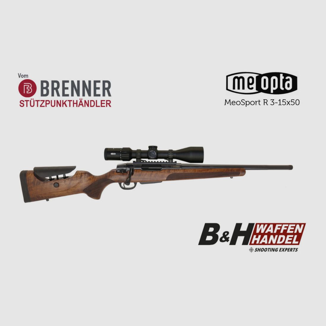 Brenner Komplettpaket: BR20 L.E. (Nussbaum, verstellbarer Schaftrücken / Limited Edition) mit Meopta 3-15x50 (Parallaxe verst.)