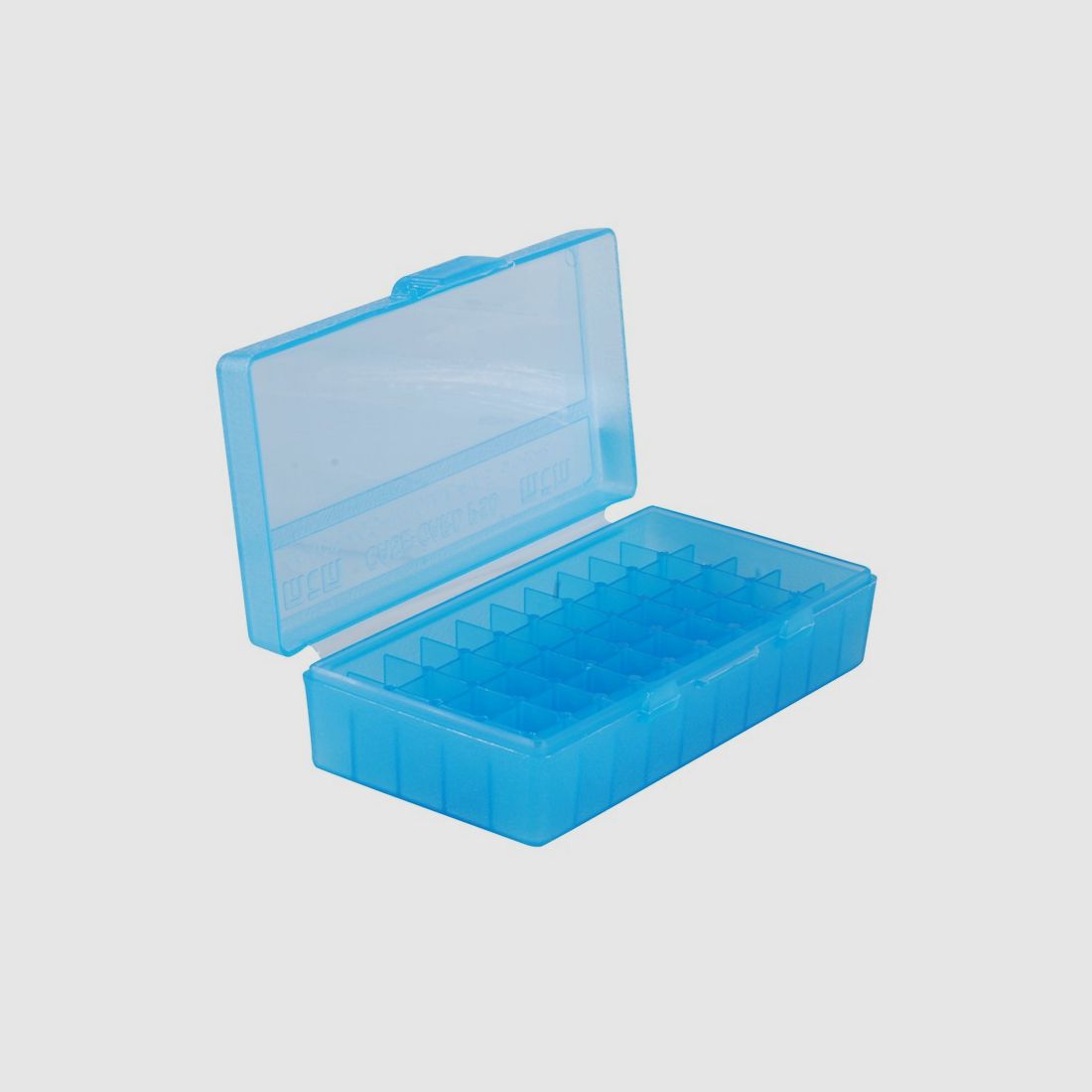 MTM cartridge box P50-45-24 blue clear with flip lid for 50 cartridges .45 ACP and others.