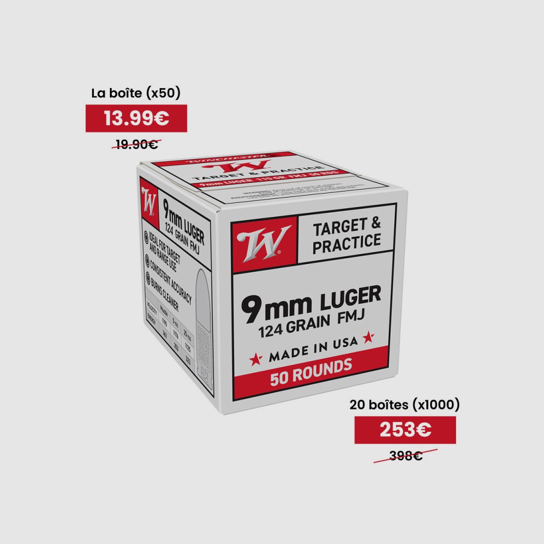 MUNITIONS WINCHESTER 9X19 (9MM PARA) CW9MM12450 LES 50, image 1 sur 3