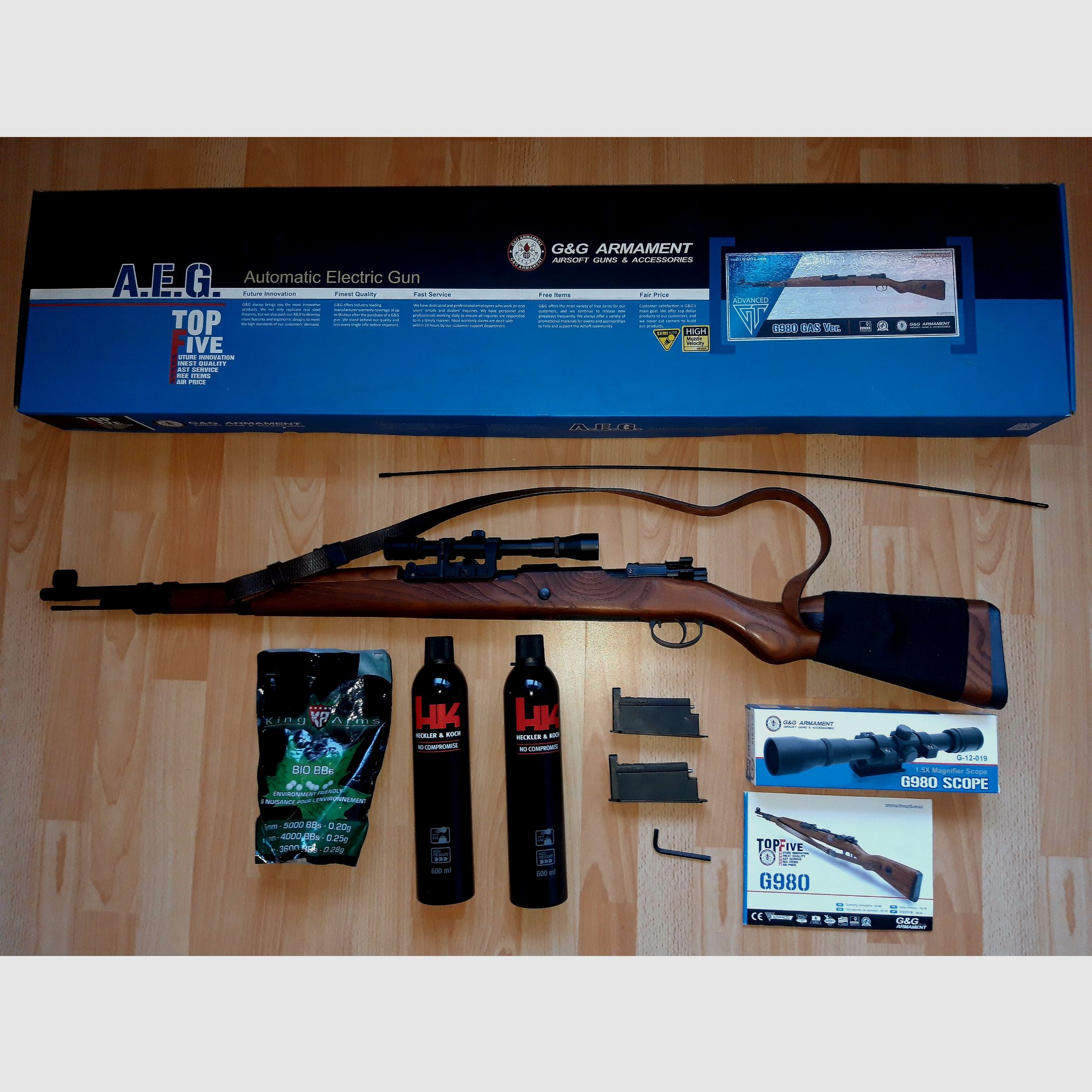 G&G Airsoft Karabiner 98K Echtholz CO2 sztucer repetierowy 6mm BB Z DUŻO AKCESORIÓW - OD RAZU GOTOWY DO STRZAŁU, zdjęcie 1 z 8