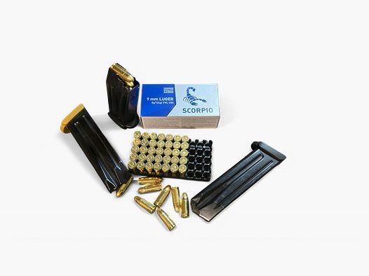 Patronen Kaliber 9mm Luger 124gr (8g) Vollmantel FMJ 50 Stück - STV SCORPIO