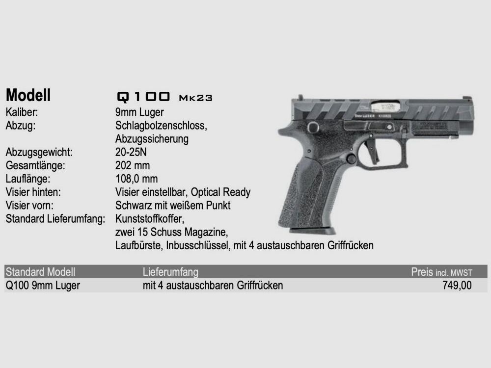 Grand Power Q100 MK23 NEU auf Lager, Drehlaufverschluss!! 9mmLuger inkl. MOS / OR