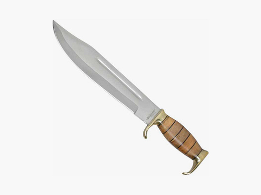 Cuchillo Bowie Haller 420 con mango de madera y funda de cuero