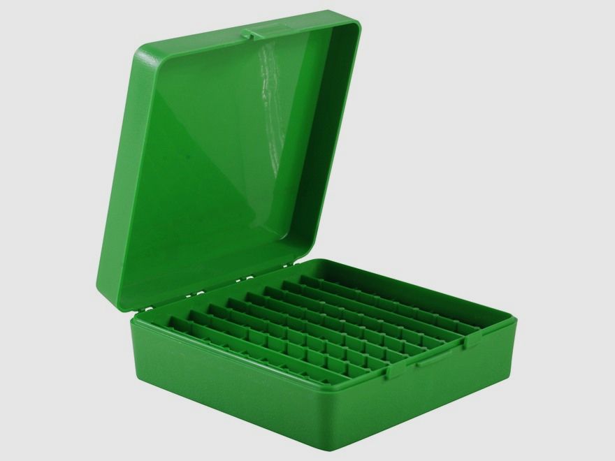 MTM scatola per cartucce P-100-44-10 verde con coperchio a ribalta per 100 cartucce .44 Mag. e altre.