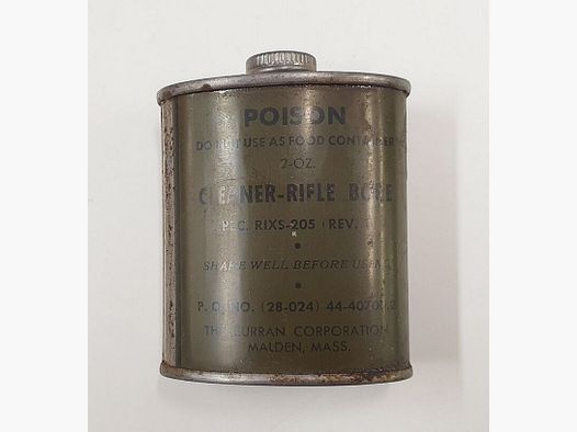 originale Pulitore per canna di fucile militare statunitense Vintage RIXS-205 Confezione Blechdose Fläschchen 2oz / 60ml USA