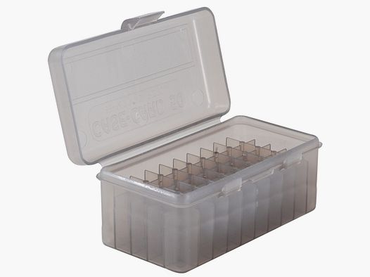 MTM cartridge box RM-50-41 smoke clear with flip lid for 50 cartridges .22-250 - .308 and others.