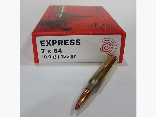1 Schachtel mit 20 Patronen Geco, Geschoss express 155 grains, Kaliber 7×64