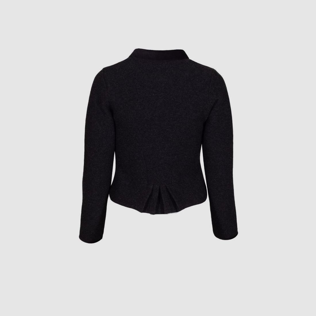 Cardigan da donna in lana merino con colletto alto in velluto e peplum in nero, immagine 3 di 3
