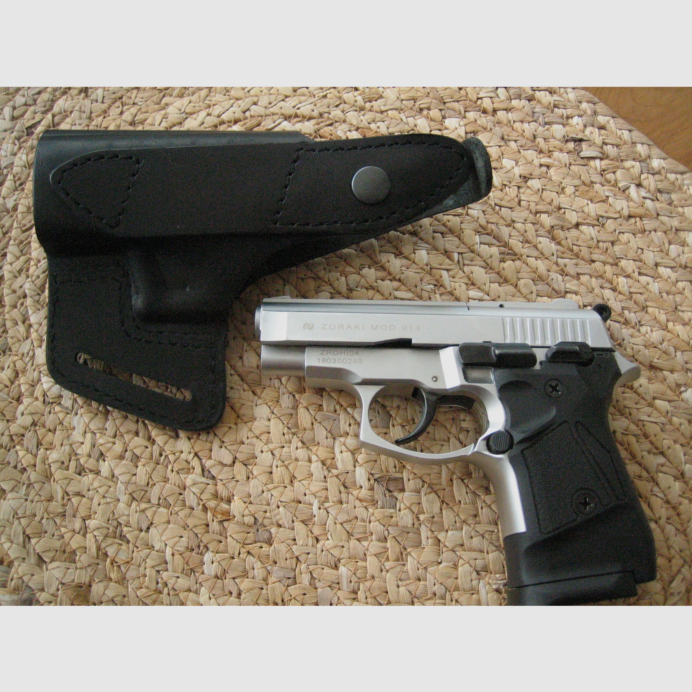 Zoraki 914 blank firing pistol 9mm P.A.K. matte chrome with new genuine leather holster