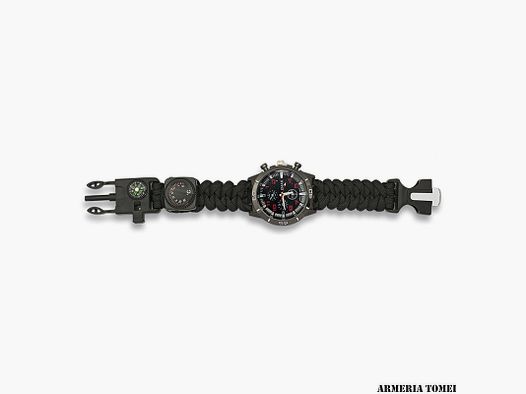 Tactical Paracord Watch Survivor Black with Compass, Firestarter, Whistle, and Thermometer