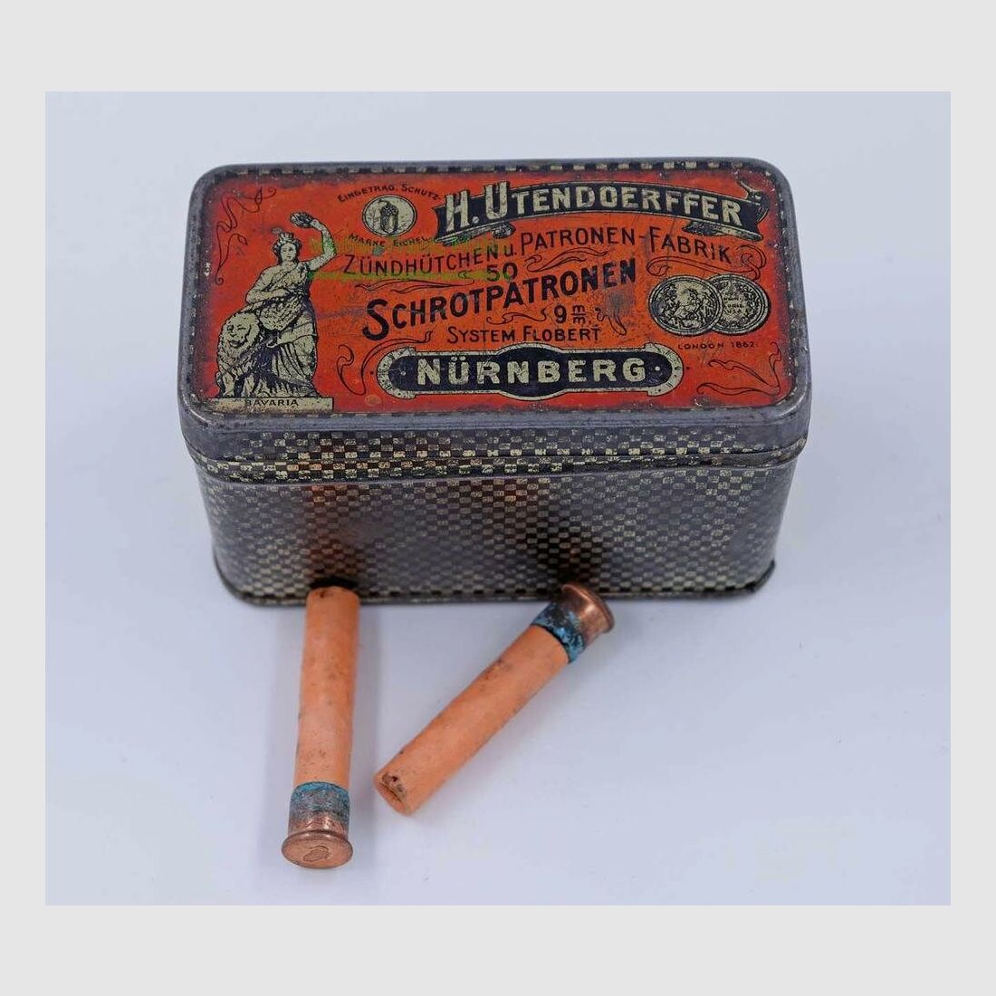 H. Utendoerffer, Nuremberg Flobert in original tin can 9mm Flobert double shot