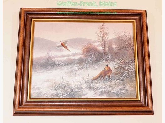 Josef Csiszar Fuchs mit aufsteigendem Fasan in winterlicher Landschaft