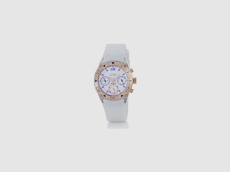 Montre femme, Boîtier en Acier avec Lunette Dorée, Multifonction, Bracelet en Caoutchouc Blanc