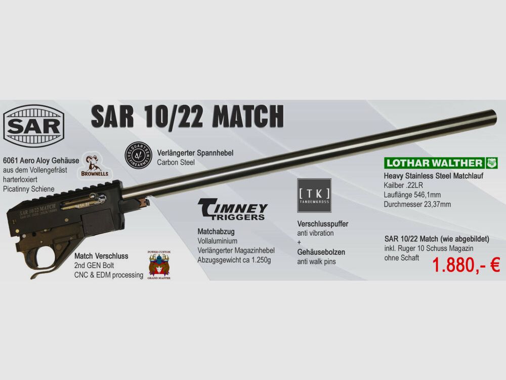 Schwaben Arms GmbH SAR 10/22 MATCH semi-automatisch geweer in kaliber .22L.R. geschikt voor RUGER 10/22