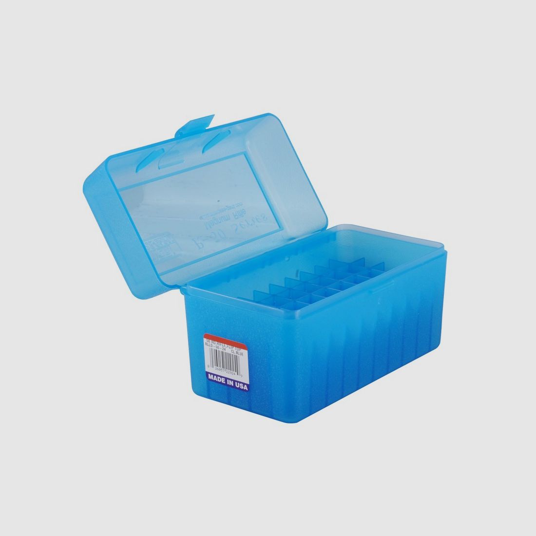MTM scatola per cartucce RLLD-50-24 blu trasparente con coperchio a ribalta per 50 cartucce 7mm Rem. Mag. e altre.