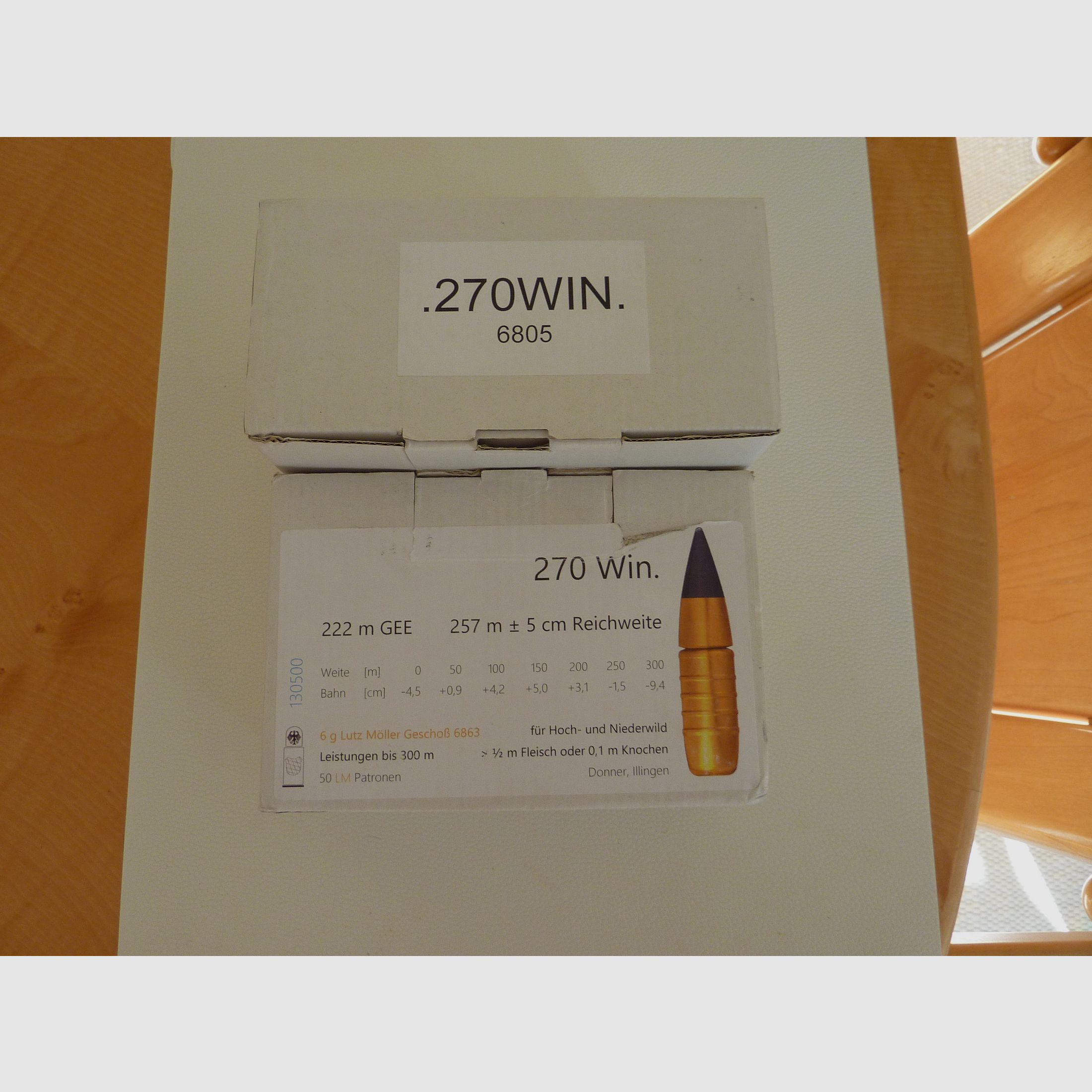 Lutz Möller Munición Original Cal.: .270 Win, 50 cartuchos con proyectil 6805, 27 con proyectil 6863