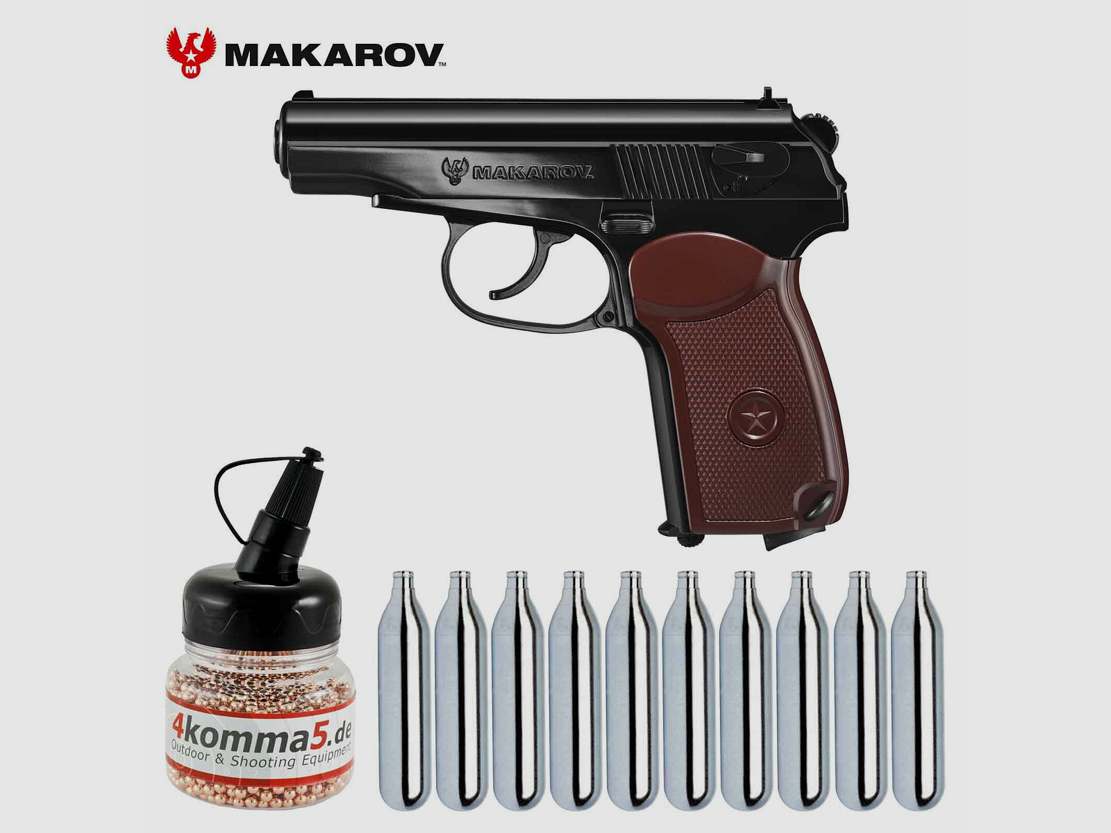 Luftpistolenset Makarov Co2-Pistole 4,5 mm BB (P18) + 10 Co2-Kapseln + 1500 Stahl-BB's komma5
