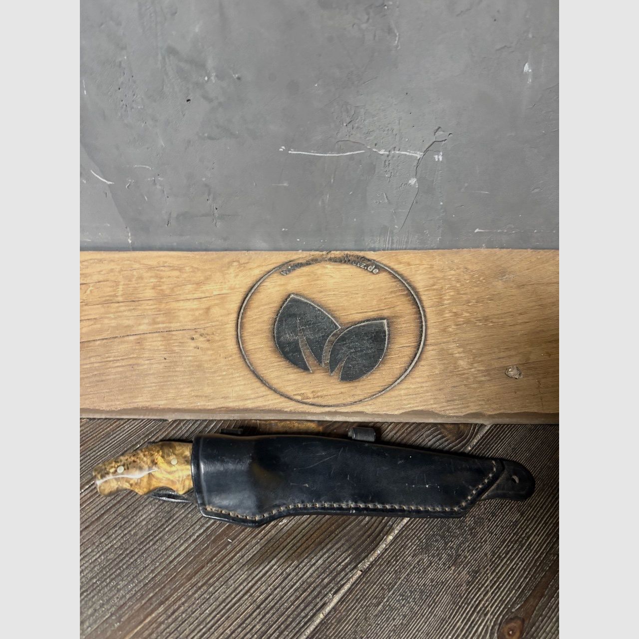 Handcrafted collector's knife Tanto with maple handle and leather pad