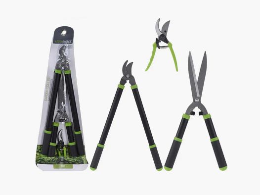 Set di 3 attrezzi da giardino: forbici in alluminio 20cm + forbici per siepi 52cm + potatore