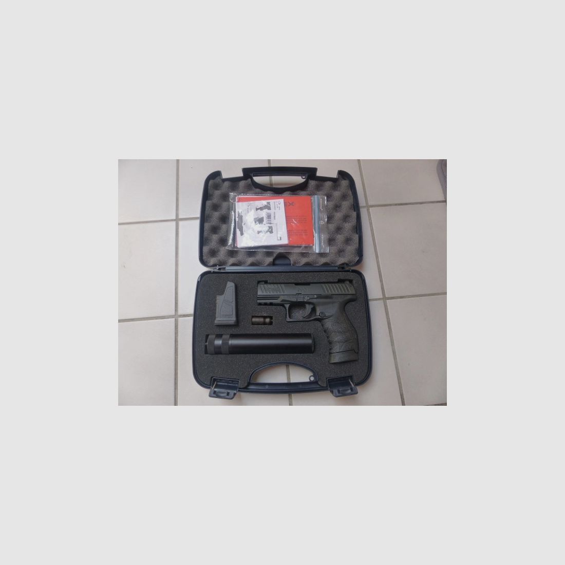 Walther PPQ Navy Kit with suppressor, blank firing adapter, loading aid, case. Only 2 shots fired