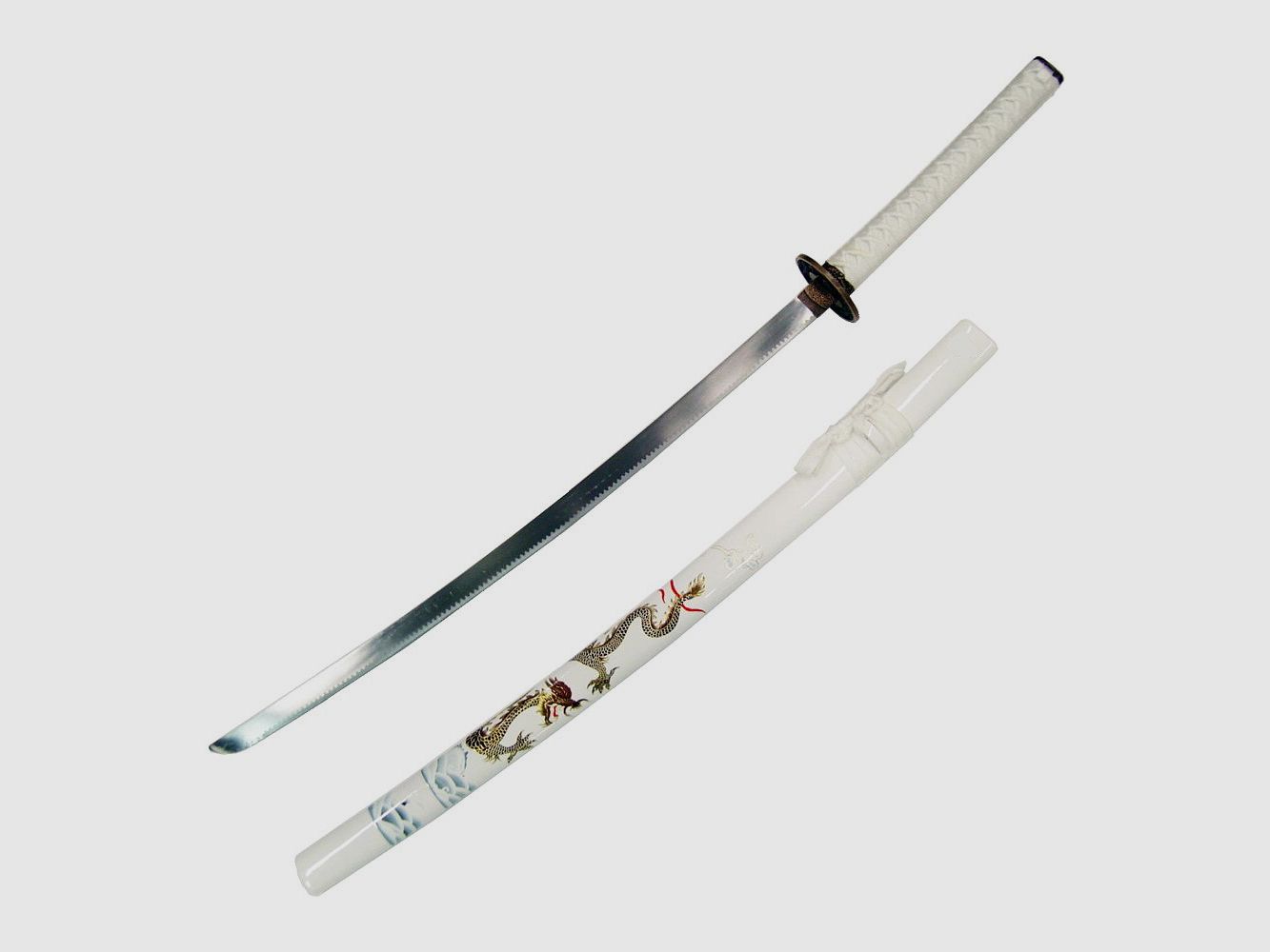 Katana Wood biały z złotym wzorem smoka
