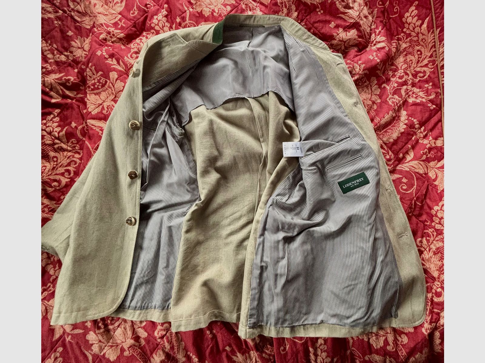 Lodenfrey, Safari beige, lichte Trachten zomer janker maat 60 met echte hertengeweih knopen