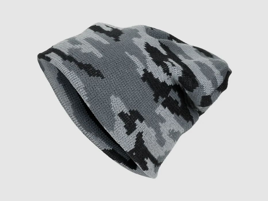 Strickmütze, "Beanie", Tarn (Schwarz-Weiß-Grau), fein gestrickt