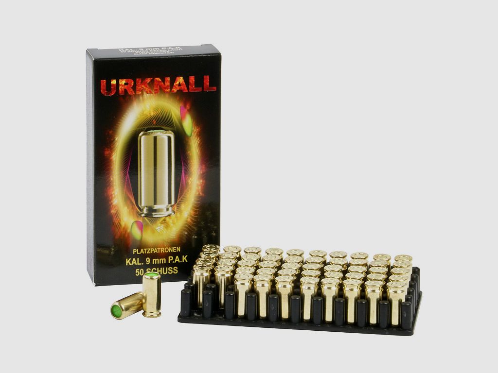 Platzpatronen Urknall Kaliber 9 mm P.A. Nitro fĂĽr Pistole Messing 50 StĂĽck (P18)