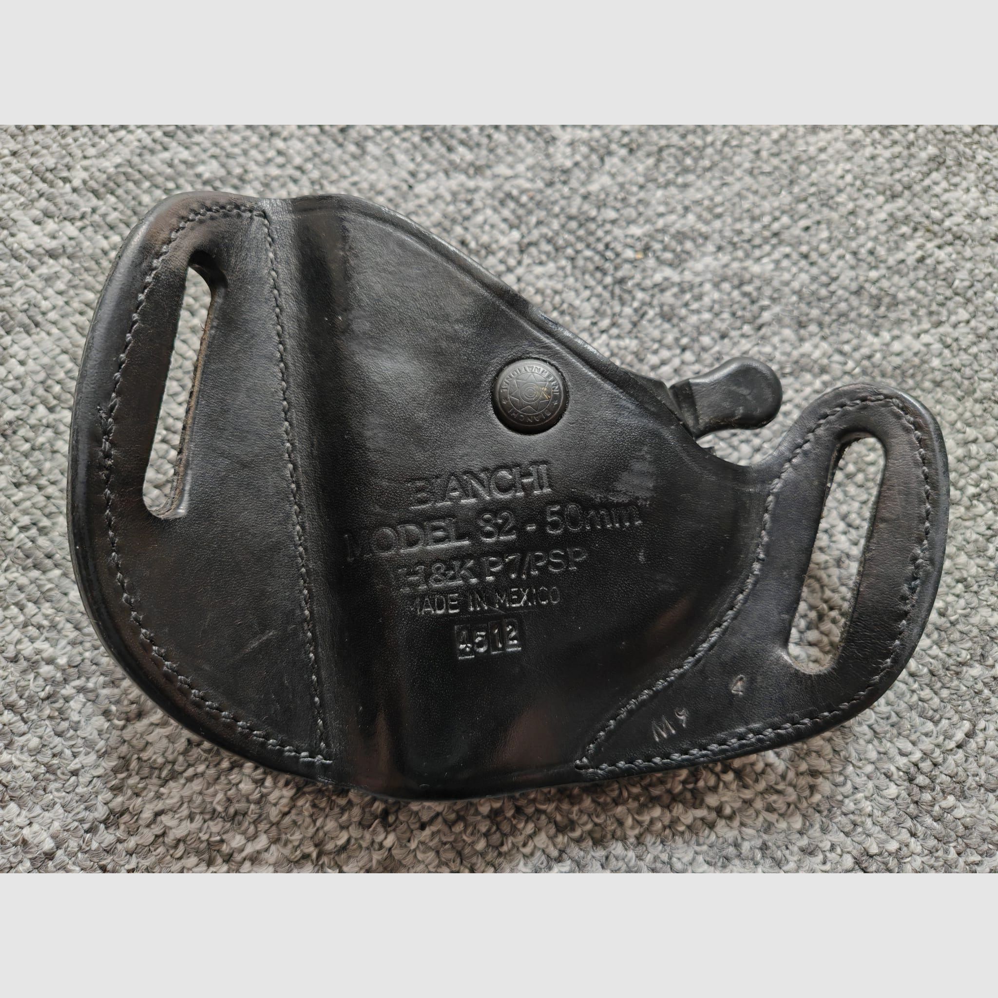 Bianchi Model 82 Leder Gürtel Holster für Heckler & Koch P7 / PSP / Umarex SP 9 /  IWG SP 9 mit Sicherungshebel zu Entnahmeverhinderung 