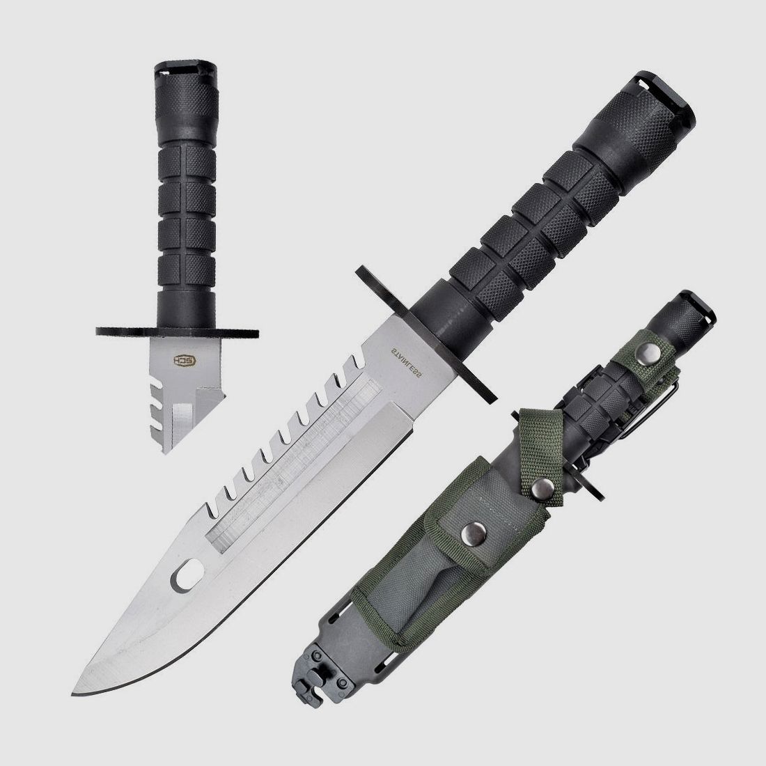 Survival knife with pouch and belt attachment