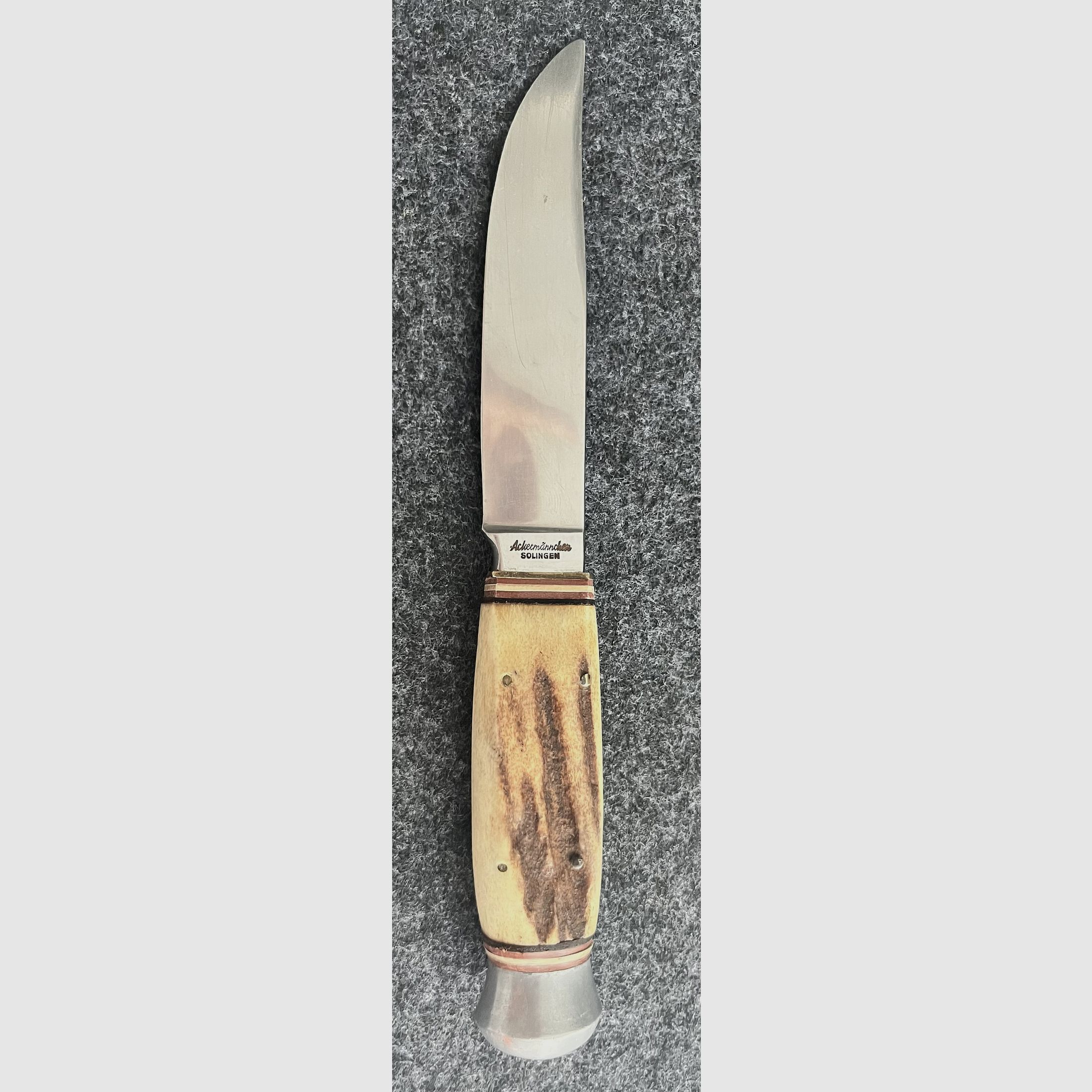 Solingen hunting knife "Ackermännchen" – Real horn handle with fine deer carving & leather sheath