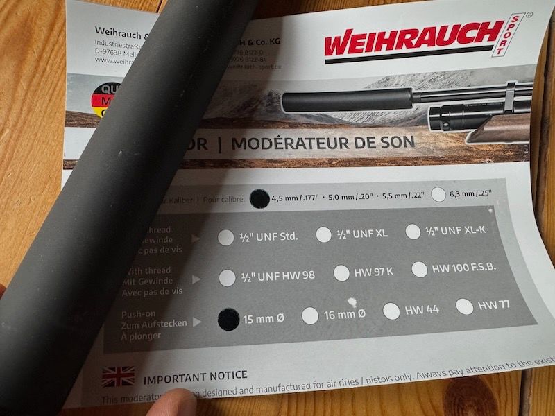 Silenziatore per Weihrauch Hw35 15mm/da avvitare